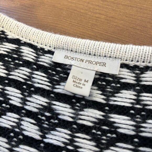 Boston Proper Womens M Black White Open Front Sweater Cardigan Fair Isle Nordic - Picture 6 of 10